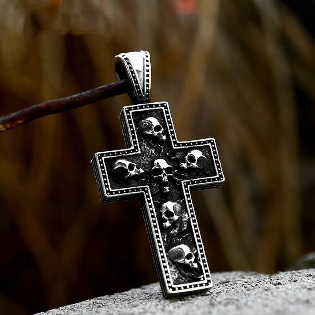 Gothic Silver Tone Skull Cross Pendant Necklace - Titanium Steel Chain, Punk Vintage Style