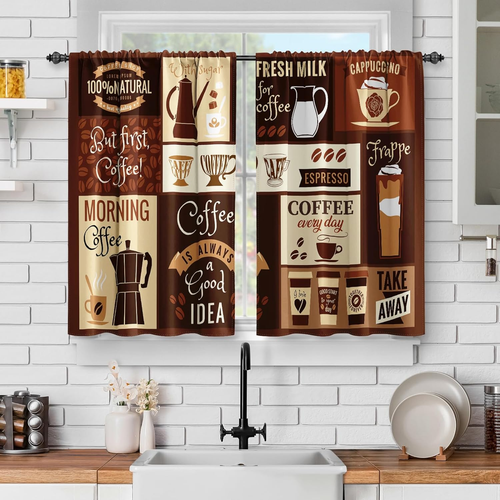 Rustic Coffee Kitchen Curtains: Farmhouse Vintage Latte 28"x36" Coffee 1 - Picture 8 of 11