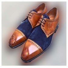 Handmade Men's Brown Blue Designing Leather Suede Shoes, Dress Shoes, Sale !!!