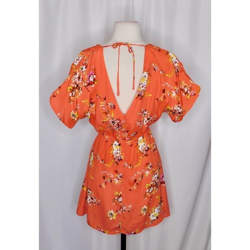 OBEY Pinot Floral Mini Dress Dolman Surplice Coral Pink Orange Boho ~ X-Small - Picture 8 of 13