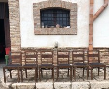 6 Antiche sedie poltrone in legno radica e pelle cuoio art deco primi '900