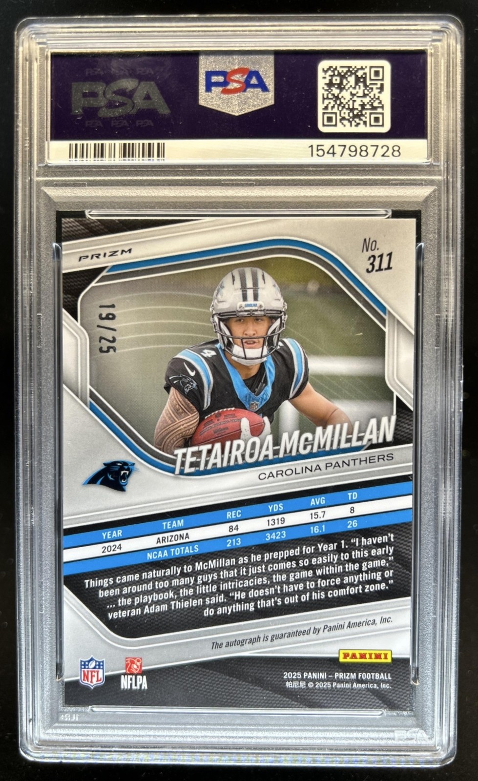 2025 Panini Prizm Tetairoa McMillan Rookie Auto RC Camo #/25 Panthers PSA 9 view 2