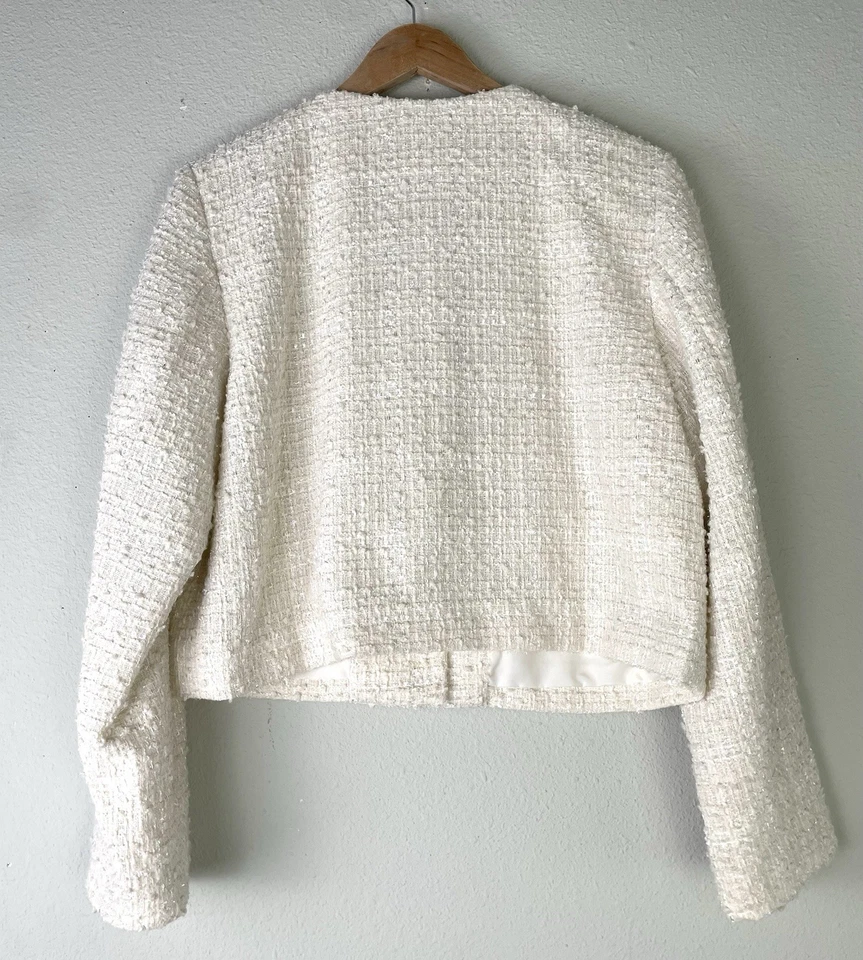 NUEVO CON ETIQUETAS H&M Chaqueta Bouclé Blazer Tweed Crema Perla Estrás Botones Talla Grande Foto 2 de 4