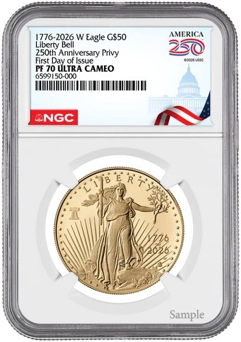 2026-W 1 oz Proof Gold Eagle 250 Liberty Bell FDI NGC PF70 (1776-2026)