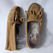 Minnetonka Kilty Softsole Suede Fringe Bow Moccasins Lt Brown Womens Sz 6 107T