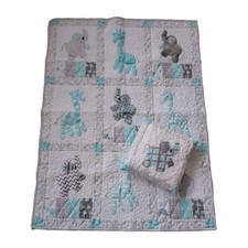 Handmade Baby Quilt Pillow Blue Gray White Elephant Giraffe Applique Nursery Art
