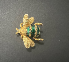 Vintage Gold Tone Bumblebee Pin with Emerald Green Rhinestones