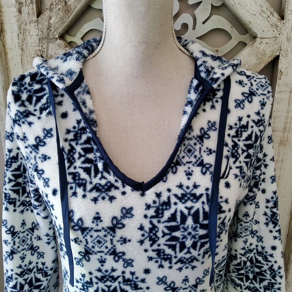 Nautica 女式睡衣 3/4 袖羊毛连帽睡衣睡眠衬衫蓝色 — 第 4/4 张图片