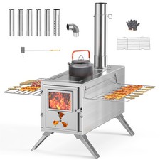 Camping Wood Stove for Tent, Portable Stainless Steel Stove w/ 7 Chimney Pipes