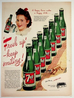 1945 7-Up Soda Pop Vintage Ad Happy Child Fresh Up Keep Smiling Dog Art