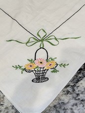 Vintage Embroidered Floral Table Cloth Basket Flowers 31  x 37  