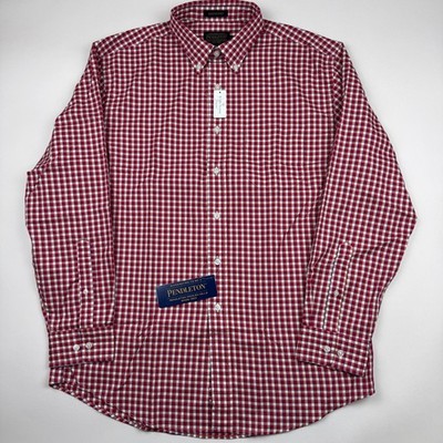 Pendleton Men Large Button Down L/S Shirt Red Plaid Cotton Bridgeport NWT