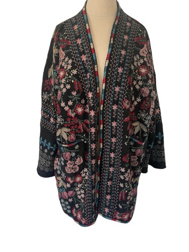 Johnny Was Biya Embroidered Cardigan Sweater Floral Sz M Oversized Open Boho