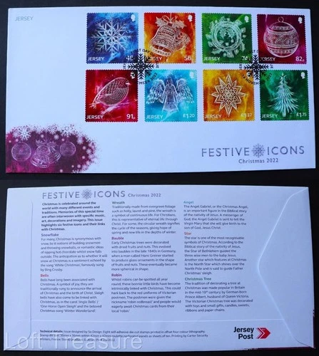 Jersey Stamps: "Christmas - Festive Icons" First Day Cover 8v Set 2022