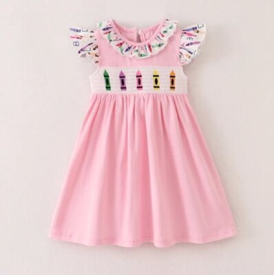 NEW Boutique Back to School Smocked Crayon Girls Pink Sleeveless Dress