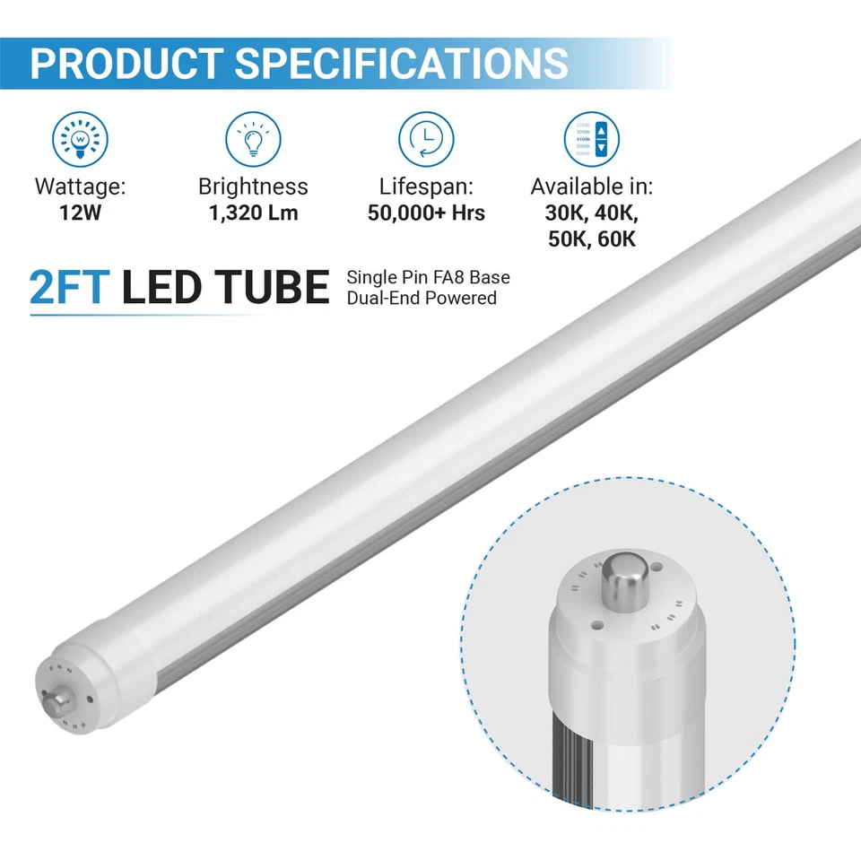 24" (2 ft.) T12 FA8 Single Pin Type A Plug & Play LED Replacement for 21W F24T12 - Image 2 of 4