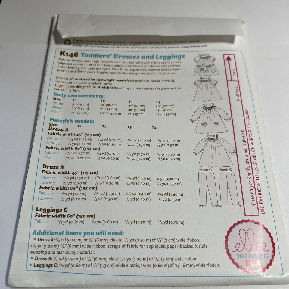 Ellie Mae Girl's A Line Tunic Dress Top Leggings Pants Sewing Pattern UNCUT 1-4 - Image 4 of 4