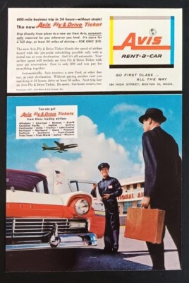 1957 VINTAGE AVIS RENT-A-CAR FORD AUTO PRINTED-ADVERTISING-''GO FIRST CLASS''-NOS