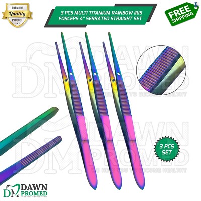 3 Pcs Multi Titanium Rainbow Iris Forceps 4'' Serrated Straight Ophthalmic Set