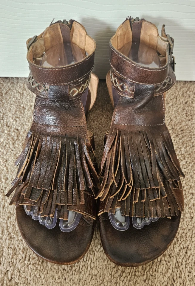 Bed Stu Alena Sandals Size 8 Brown Leather Fringe Boho Ankle Gladiator Shoes - Image 3 of 4