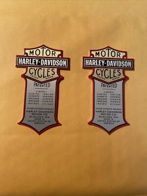 Harley Davidson Patented Metal Decal Sticker Set (2) Oem Nos Oil Tank Flat. - Image 1 of 4