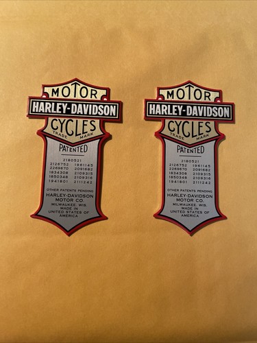 Harley Davidson Patented Metal Decal Sticker Set (2) Oem Nos Oil Tank Flat