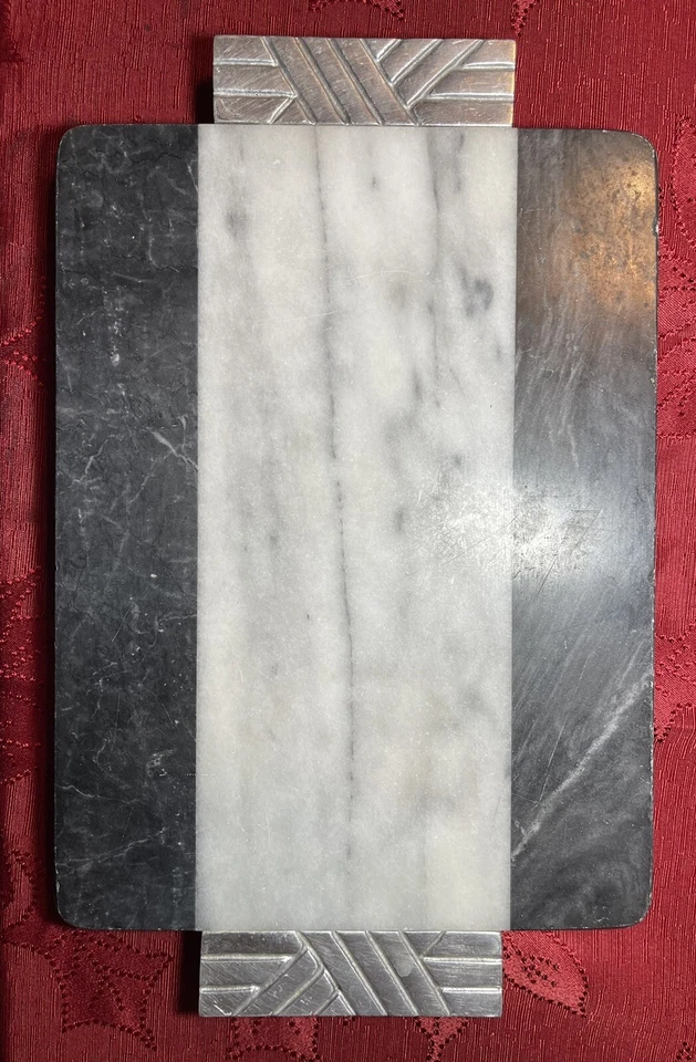 MCM Mid Century George Briard losa de mármol tabla de queso asas de peltre Foto 3 de 4