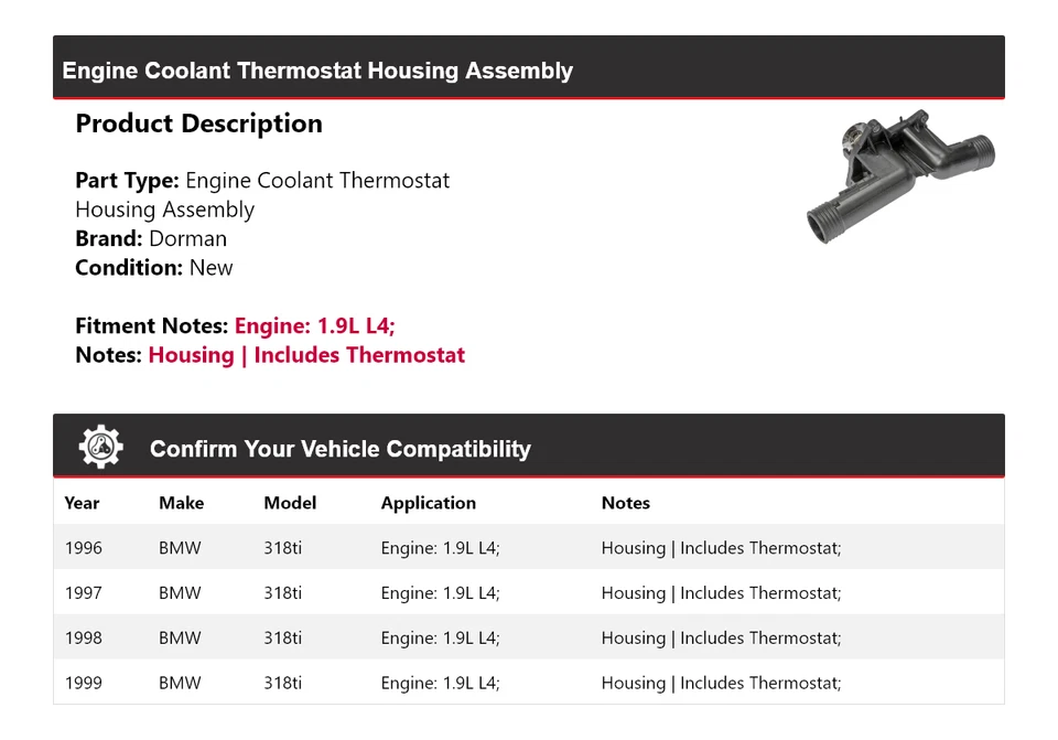 For 1996-1999 BMW 318ti 1.9L L4 Dorman Thermostat Housing Assembly 1997 1998 - Изображение 2 из 4
