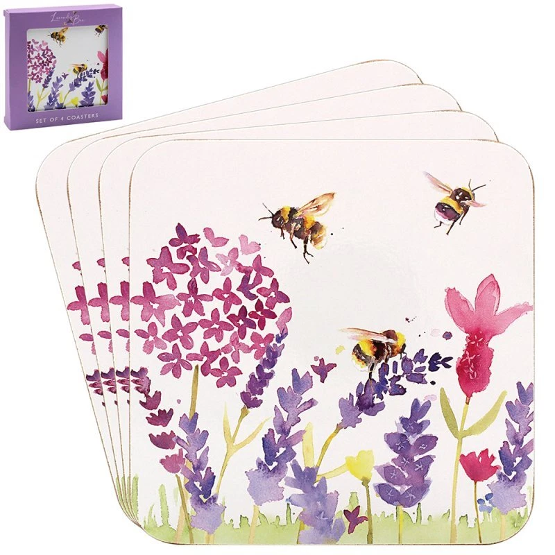 LESSER & PAVEY Cork Square Coasters 4pc-Set Lavender & Bees Lavender Floral by Jennifer Rose