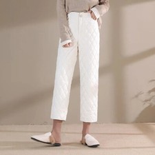 Lady Elastic Waist Padded Quilted Cropped Pants Winter Warm Trousers Casual New