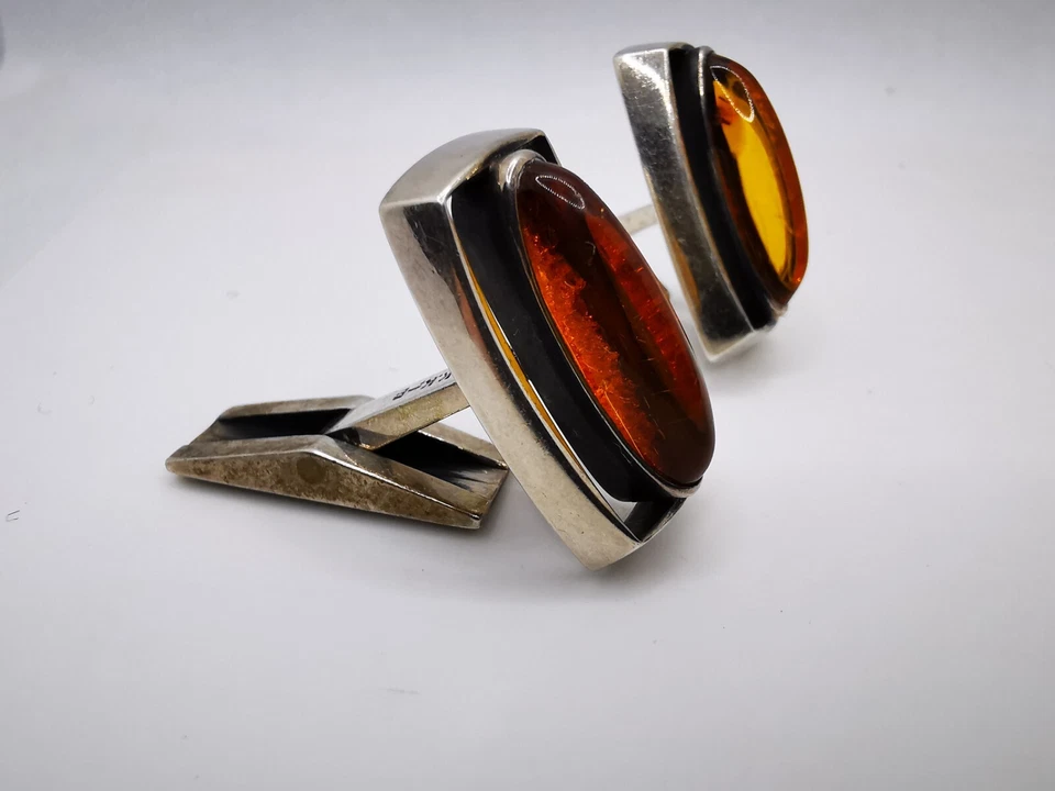 Käte Kienast Burghaun, Manschettenknöpfe Silber Bernstein 925 Silber *Unikat* - Bild 2 von 4