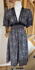 Elan Dress Womens Small Short Puff Sleeve Blue Floral V Neck Midi