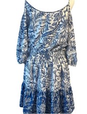 Eliza J Floral Dress Blue/White Ruffle Hem Off Shoulder Sz 16 Popover Travel