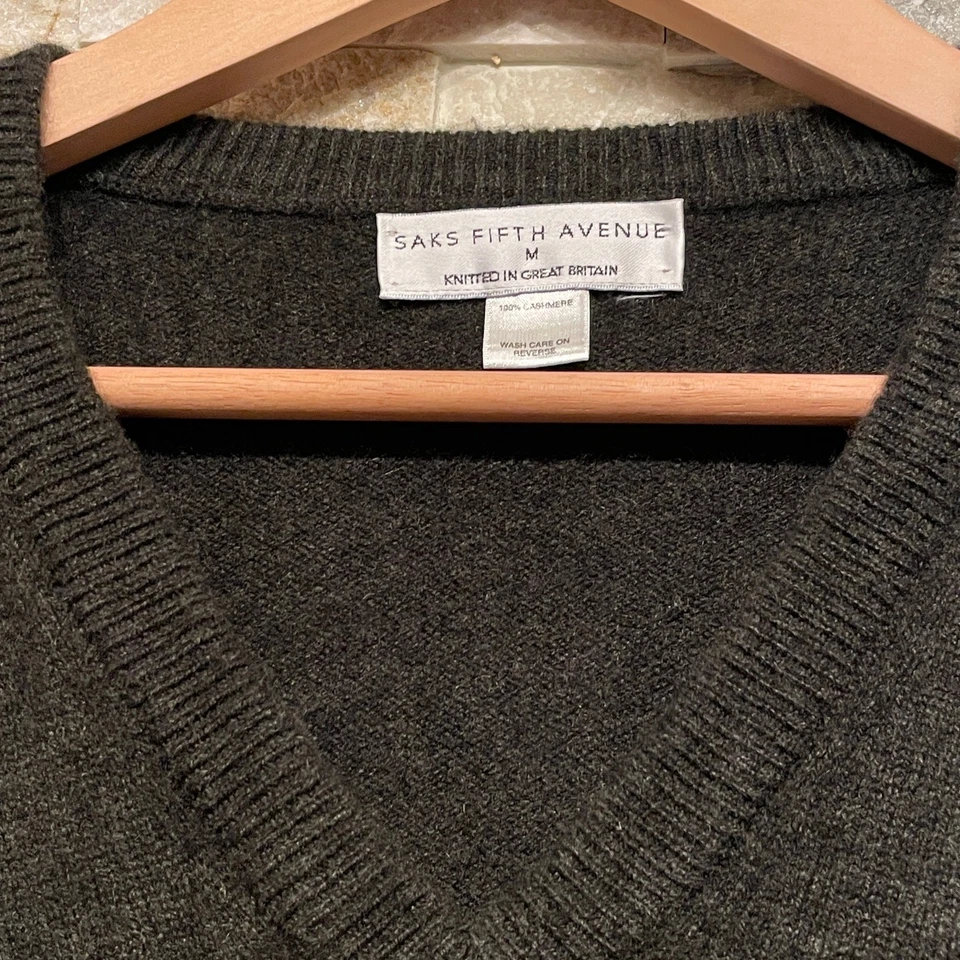 Suéter De Colección Saks Fifth Ave Marrón Oliva 100% Cachemira | Cuello en V, Gran Bretaña, Raro Foto 4 de 4