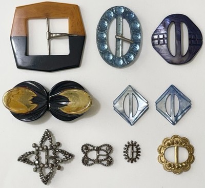 Antique Victorian Art Deco 10 Slide Sash Belt Buckle Lot Cut Steel Bakelite MOP+