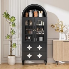 71" Tall Arched Kitchen Pantry with Glass Doors,Retro Wood Arched Cabinet