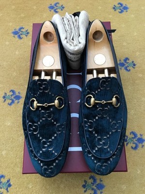 Gucci Halbschuhe Schuhe Jordaan Samt Blau Monogramm Horsebit Herren US 10 UK 9,5 43,5