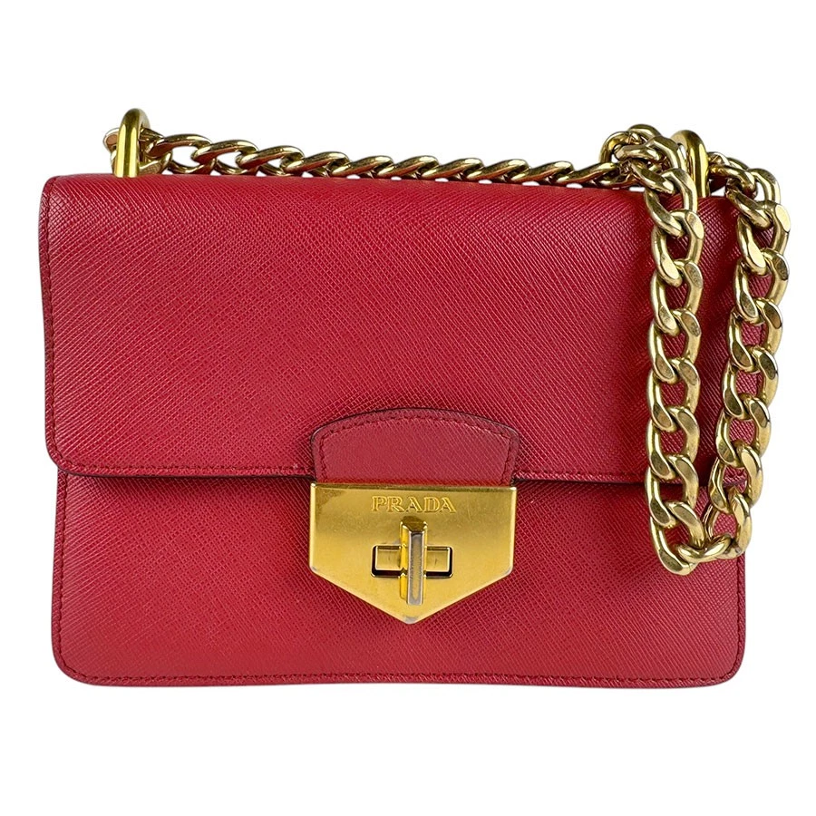 Echte PRADA Crossbody Schultertasche rot/gold Leder/Metall - z4666