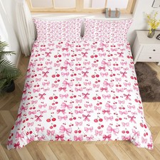 Manfei Pink Bows Duvet Cover Set Toddler Size, Red Cherry Bow Bedding Set 2pcs,