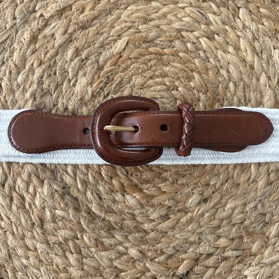 Женский ремень Talbots средний 1 дюйм белый тканый эластичный кожаный с пряжкой наконечник б/у в отличном состоянии - Изображение 2 из 4