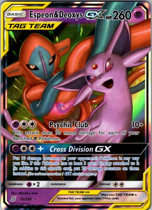 Espeon & Deoxys GX 72/236 Holo GX Rare Unified Minds Pokemon Near Mint