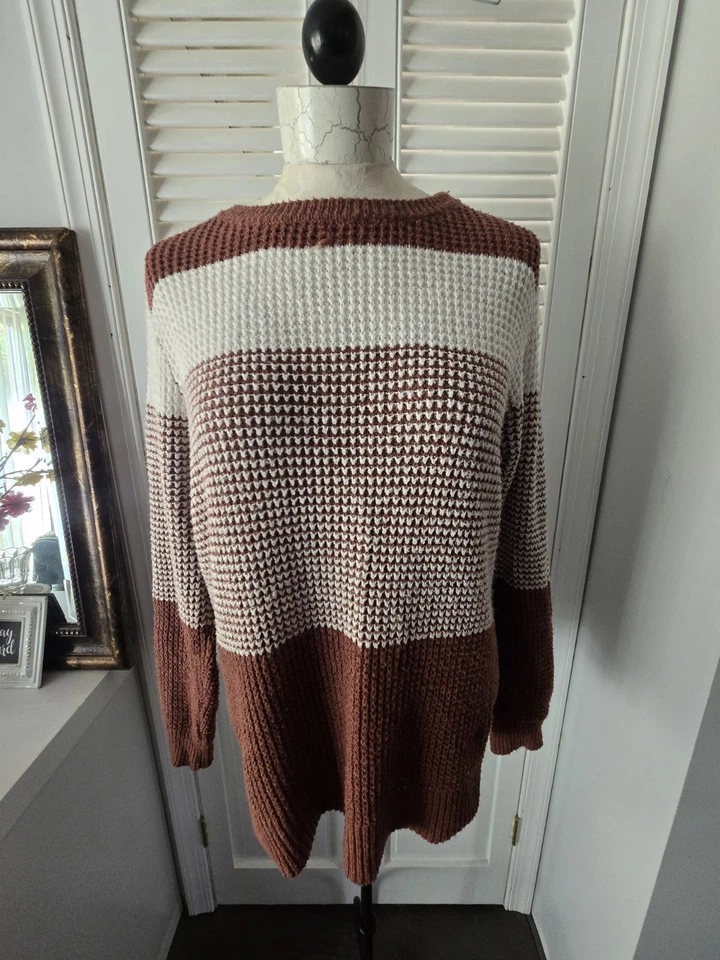 Brown White Striped Textured Knit Pullover Sweater Women’s M Cozy Fall Chunky Foto 2 de 4