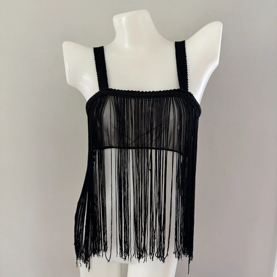 De colección Años 60 SHOWGIRL Disfraz Negro GoGo Top FRINGE Sujetador Corto Sin Mangas Baile Aleta Foto 2 de 4