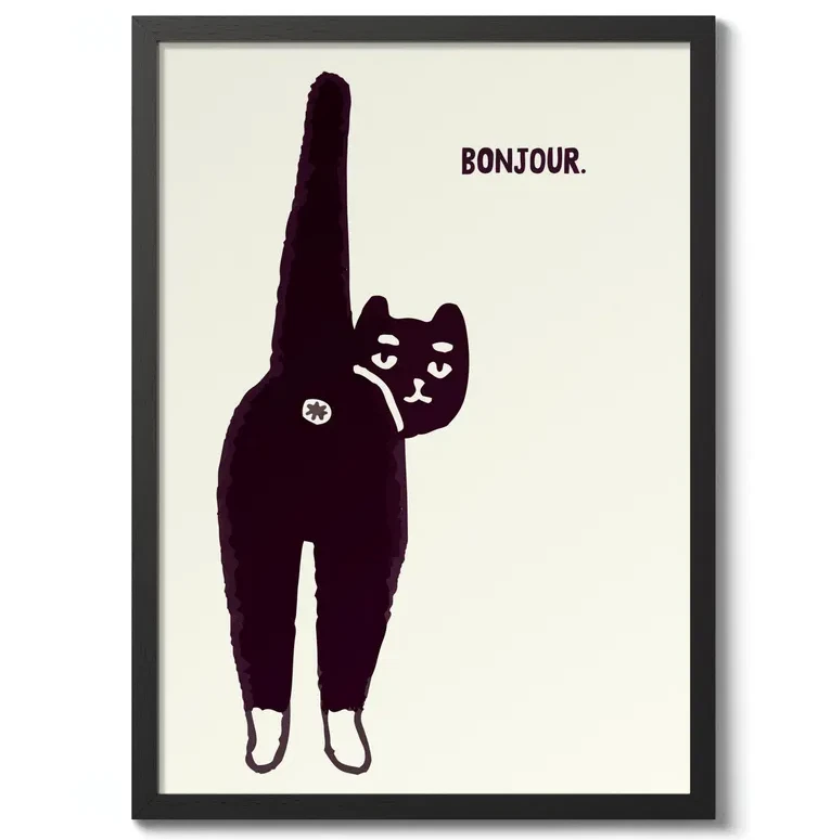Bonjour Typography Print, Cat Animal Wall Poster, Vertical Matte Poster