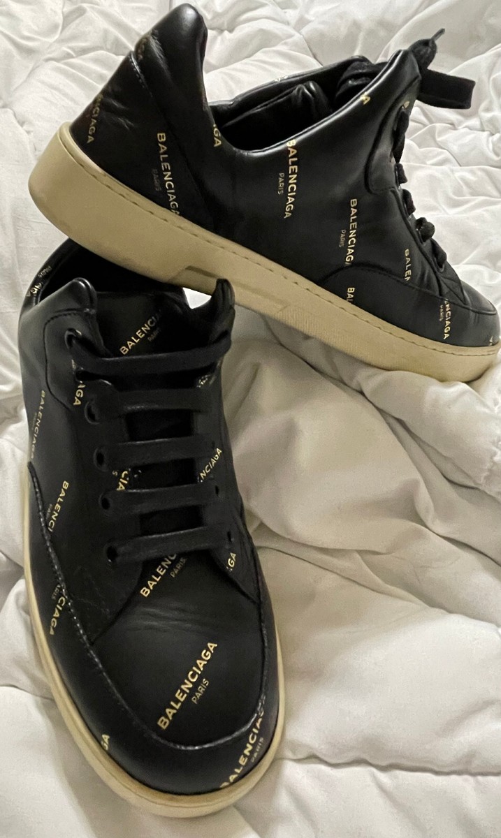 Authentic Balenciaga All-Over Logo Black Leather Sneakers Authentic Balenciaga All-Over Logo Black Leather Sneakers