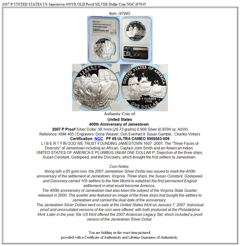 2007 P UNITED STATES US Jamestown 400YR OLD Proof SILVER Dollar Coin NGC i97845 - Picture 5 of 5