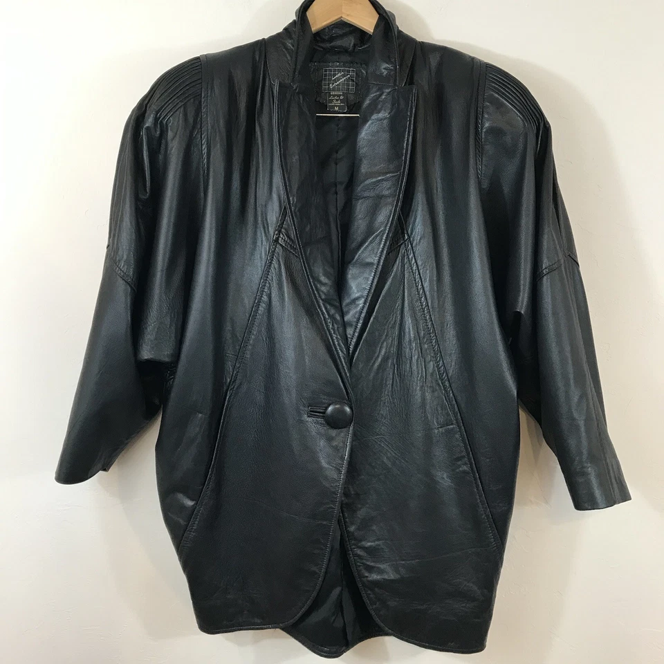 Chaqueta de cuero de gran tamaño negra vintage años 80 para mujer talla mediana