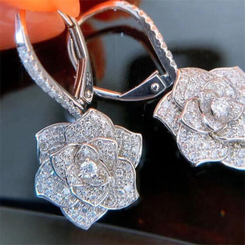 2.50Ct Round Cut CZ Rose Shape Drop/Dangle Earring's14K White Gold Plated-Silver - Picture 1 of 4