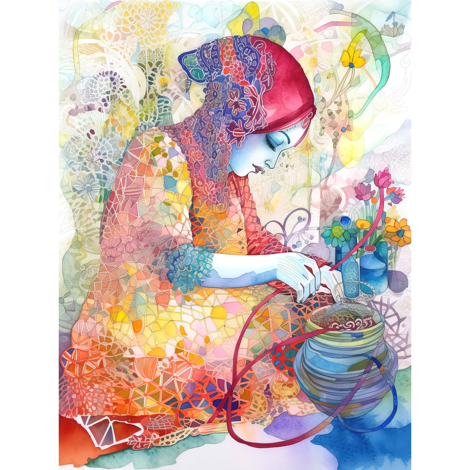 Woman Planting Flowers Lace Pattern Folk Art Huge Wall Art Poster Print Giant