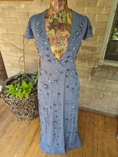 BHLDN Maxi Gown Plymouth Dress Metallic Beading Wrap Flutter Blue Gray 2 NWOT